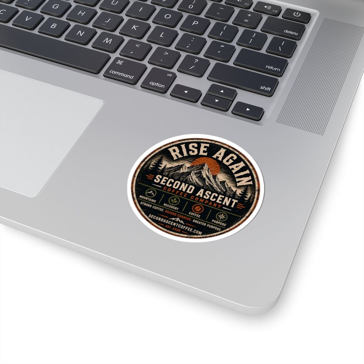 Rise Again Round Sticker — Second Ascent Coffee Vintage Mountain Logo