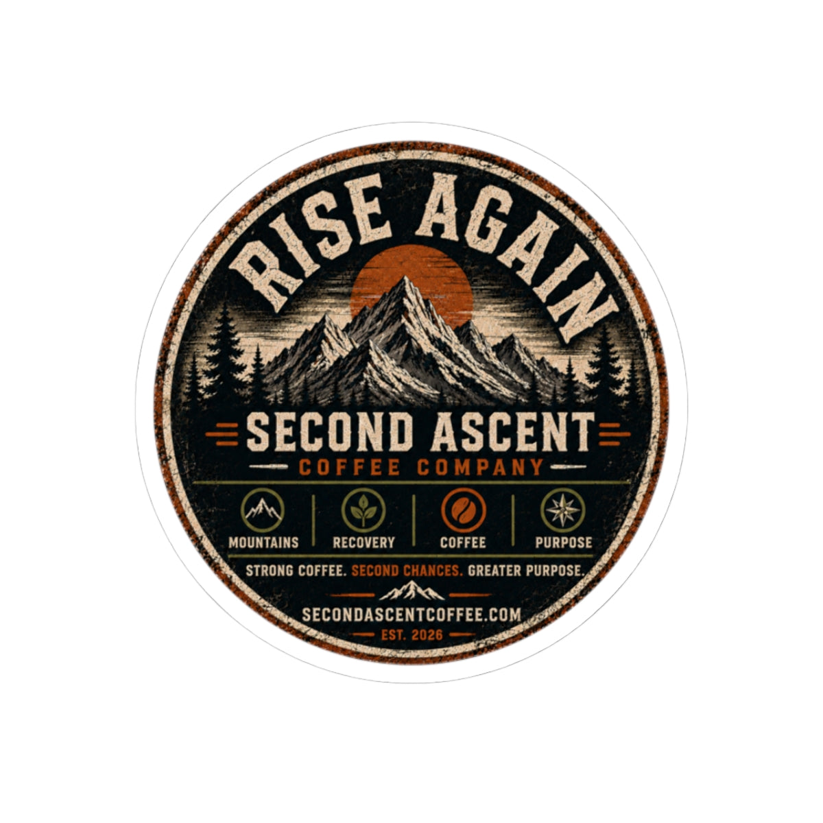 Rise Again Round Sticker — Second Ascent Coffee Vintage Mountain Logo
