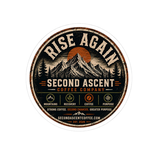 Rise Again Round Sticker — Second Ascent Coffee Vintage Mountain Logo